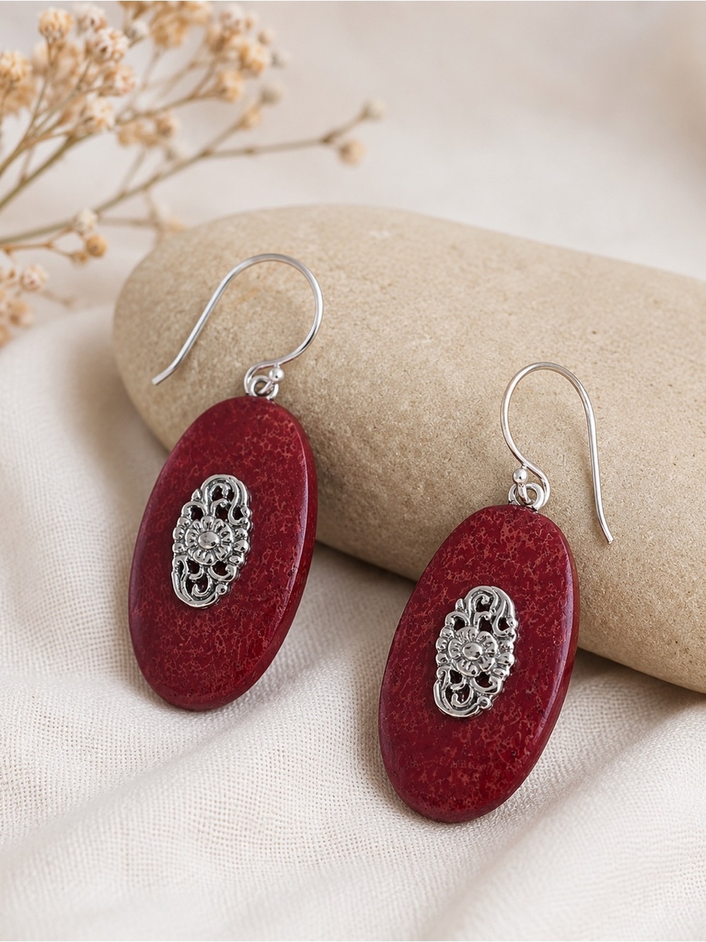 Sponge Coral Drop Earrings in Sterling Silver | Oval Red Coral French Wire